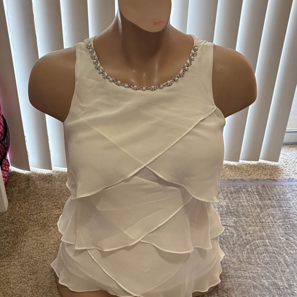 MSK White Beaded Tiered Ruffle Shell Top